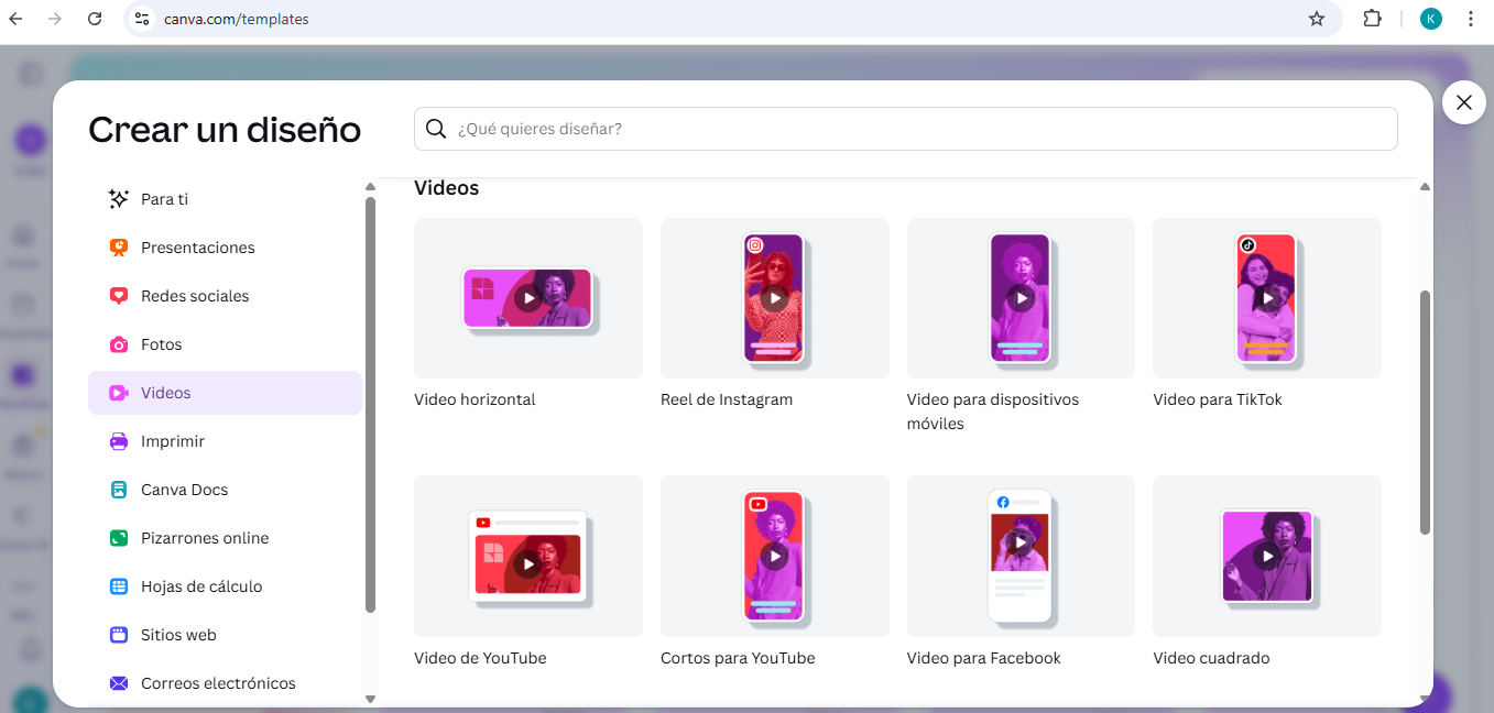 Interfaz del editor de video de Canva para redes sociales.