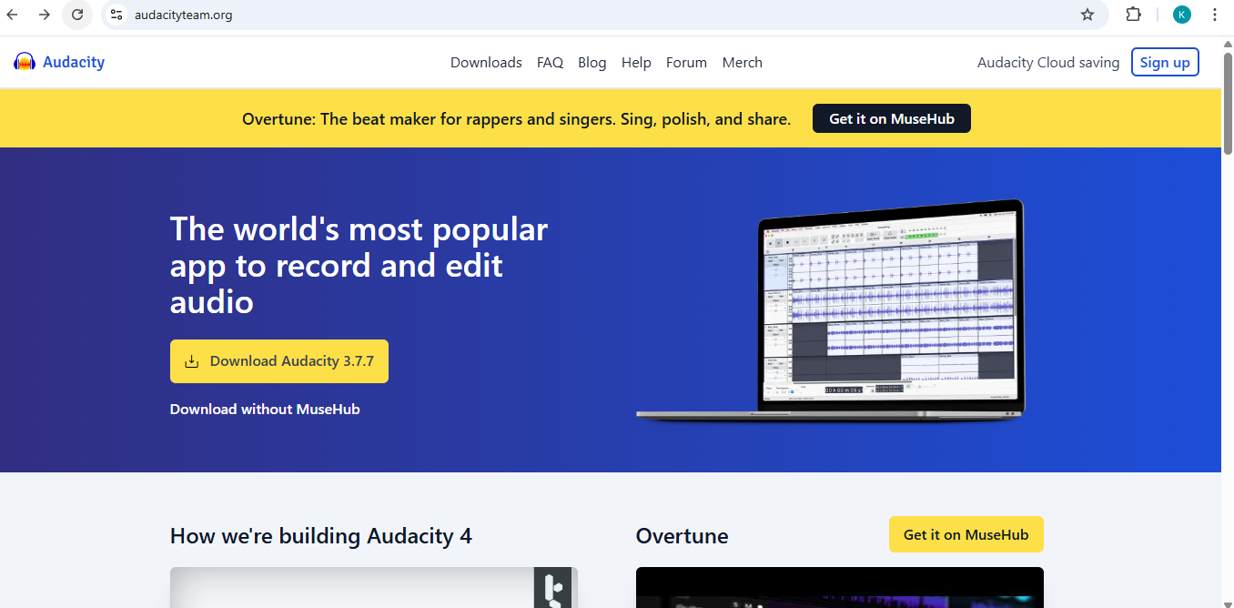 Interfaz de Audacity con ondas de audio para edición profesional.