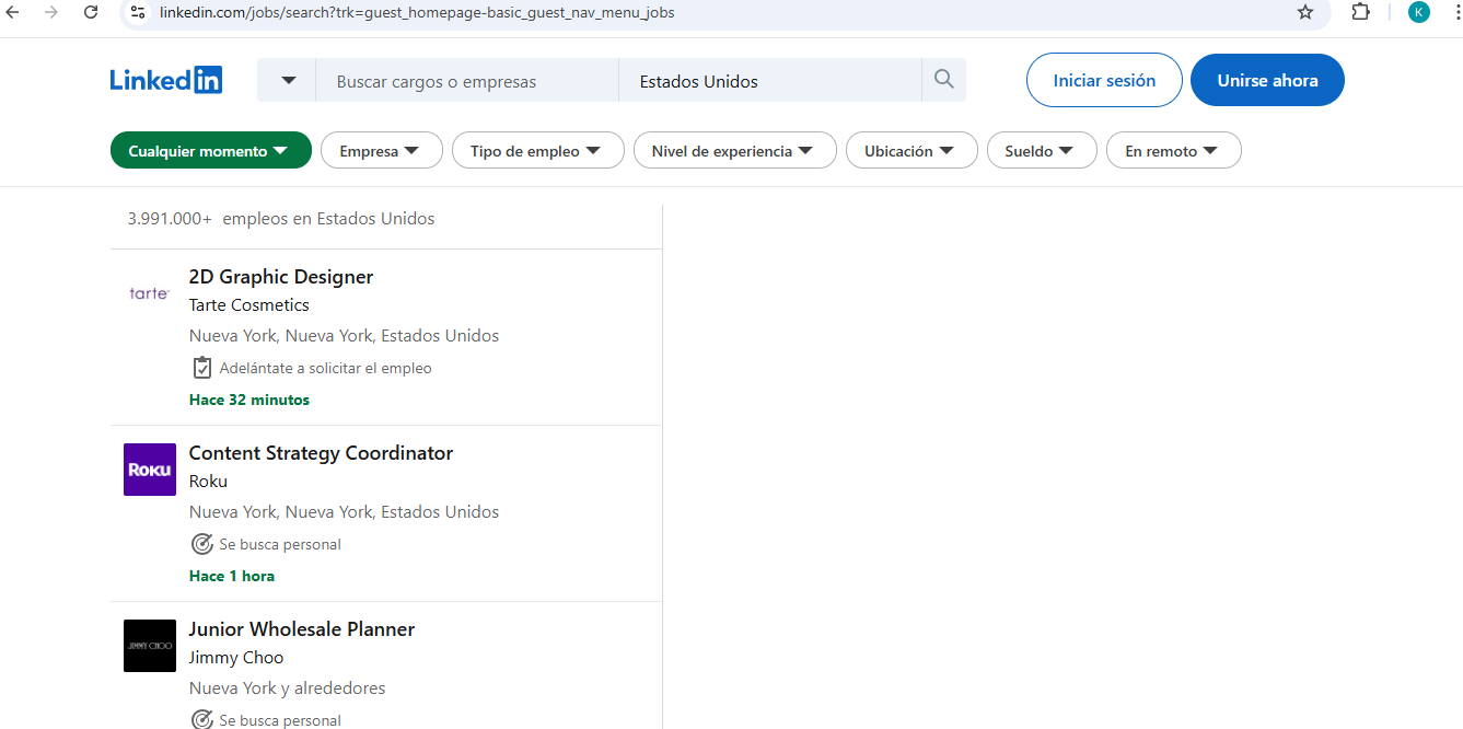 Interfaz de LinkedIn para búsqueda de empleo y contactos profesionales.