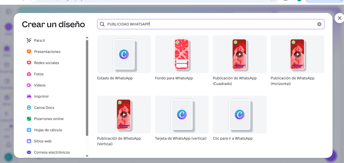 Diseño de publicidad para WhatsApp hecho en Canva